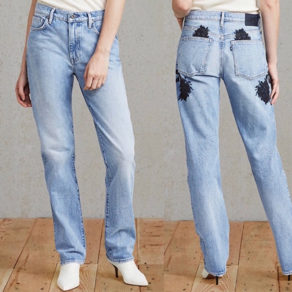 Levi's light blue Made & Crafted Arrow Straight jeans black floral embroidery.